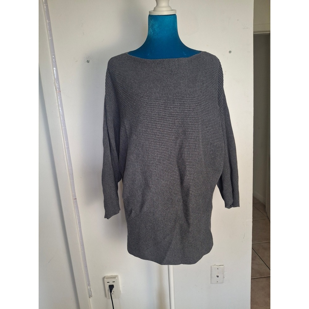 Vince Camuto Gray Ribbed Batwing Sleeve Boat Neck Sweater Large C3450245